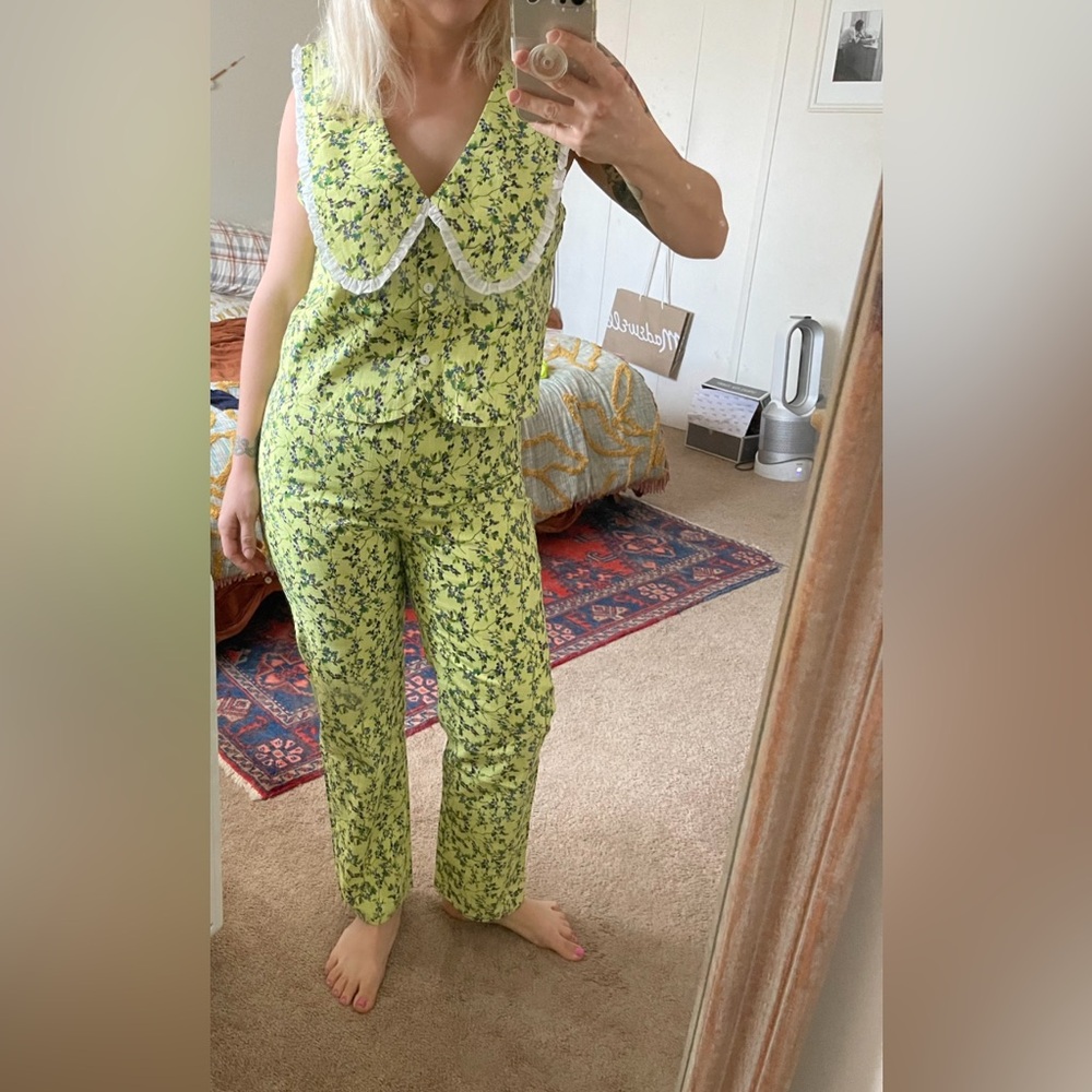 Rachel Antonoff Floral Green Cropped Birdie Pant